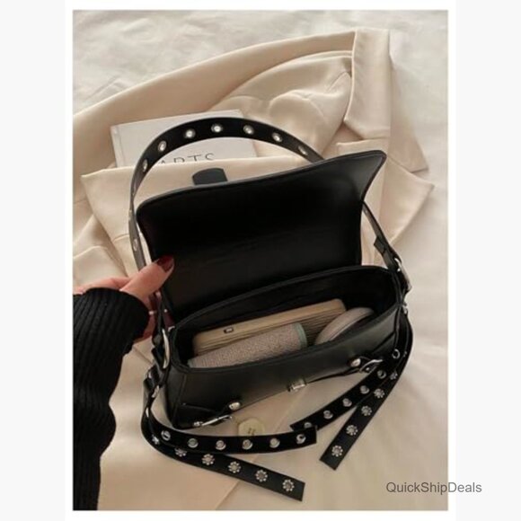PU Leather Shoulder Bag Punk Rivet Flap Studded Vintage Handbag - Picture 4 of 5